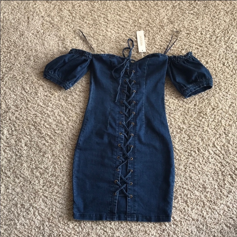 DENIM LACE-UP OFF THE SHOULDER MINI DRESS- XS